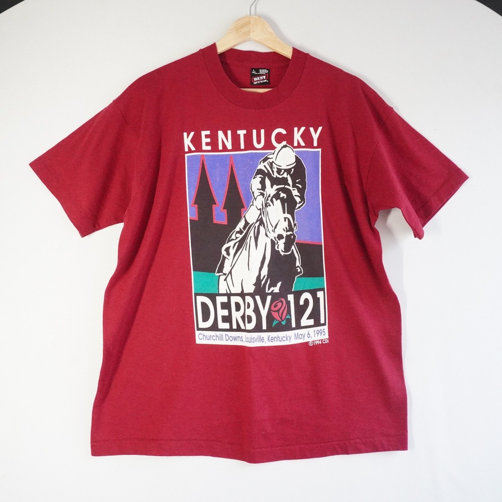 VTG 1995 Kentucky Derby 121 Horse Jockey Graphic‎ T Shirt Red L